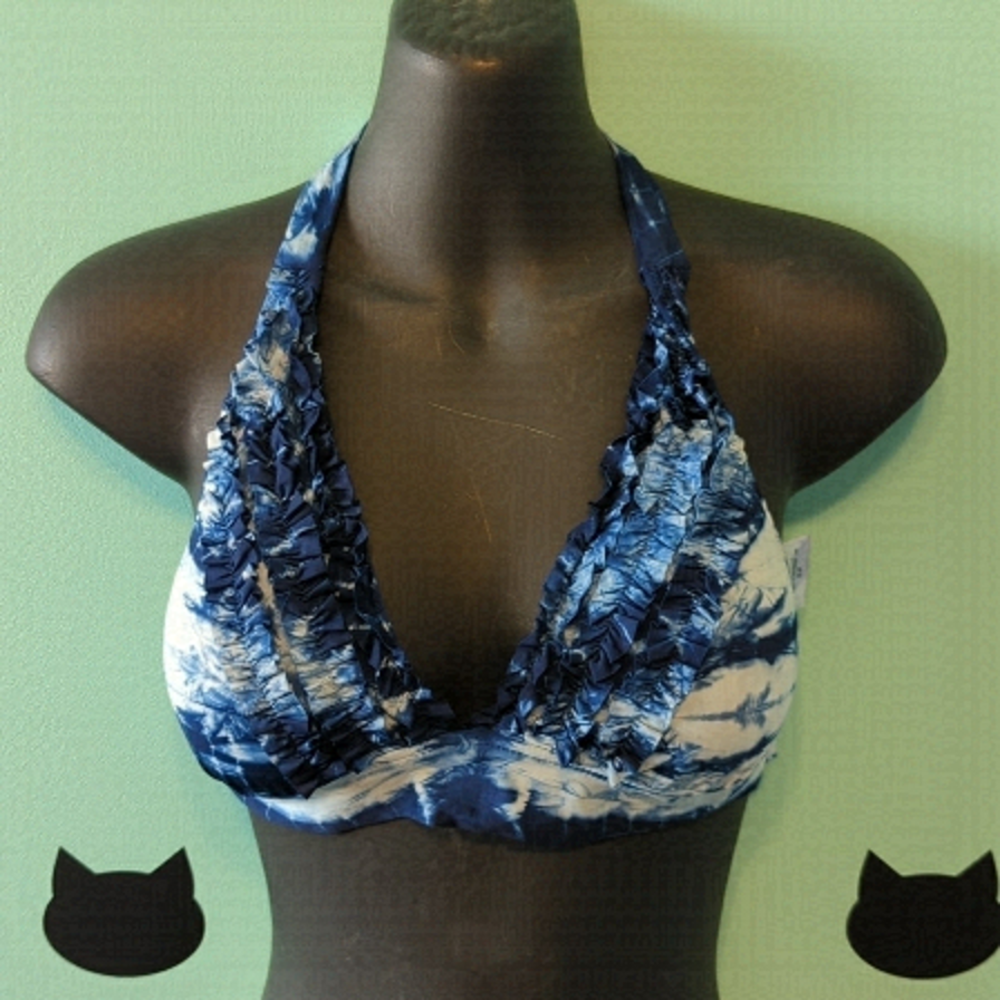 lucky Brand Bikini Top Tie-dye Blue White Ruffles Small